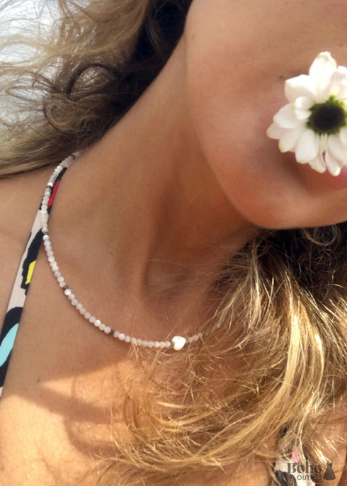 Collar bohemio, gargantilla de cuentas de semillas, cristal blanco y negro