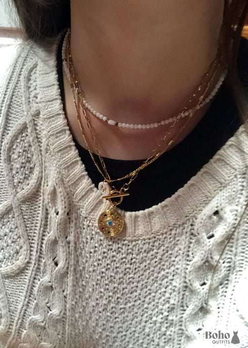 Collar bohemio, gargantilla de cuentas de semillas, cristal blanco y negro