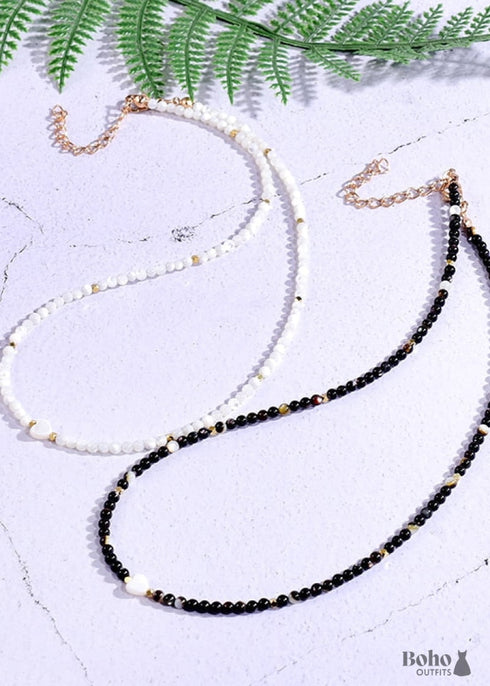 Collar bohemio, gargantilla de cuentas de semillas, cristal blanco y negro