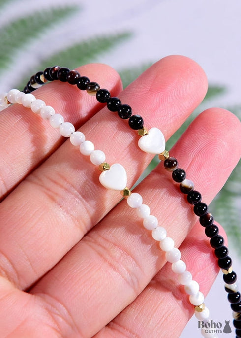 Collar bohemio, gargantilla de cuentas de semillas, cristal blanco y negro