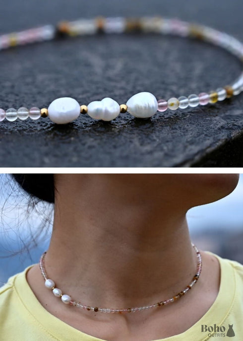 Boho Necklace, Seed Bead Choker, Brown Crystal Pearl