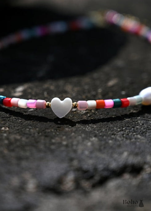 Collar bohemio, gargantilla de cuentas de semillas, corazón de perla