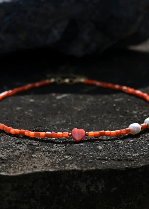 Collar bohemio, gargantilla de cuentas de semillas, corazón de perla