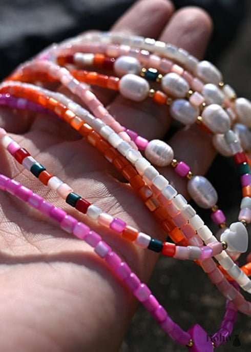 Collar bohemio, gargantilla de cuentas de semillas, corazón de perla