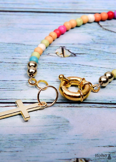 Collar bohemio, gargantilla de cuentas en capas, doble cruz
