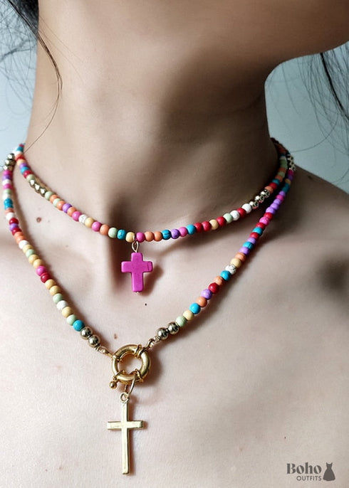 Collar bohemio, gargantilla de cuentas en capas, doble cruz