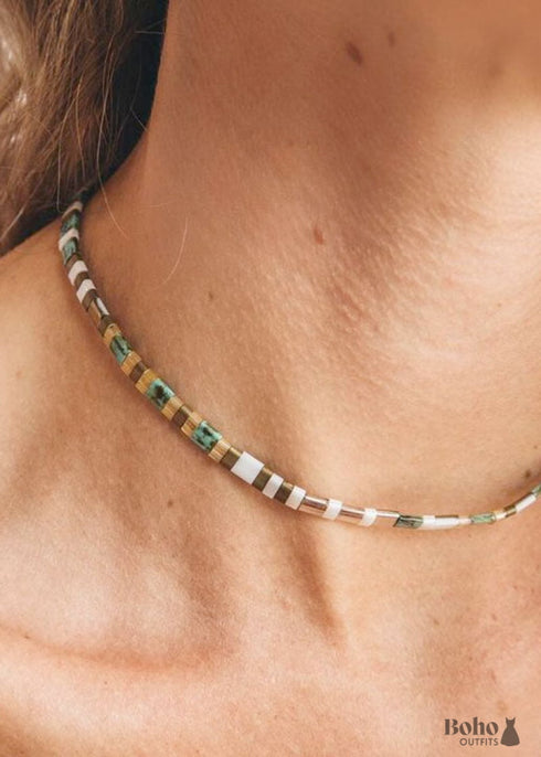 Collar bohemio, gargantilla de cuentas de tila con pulsera, color de la vida