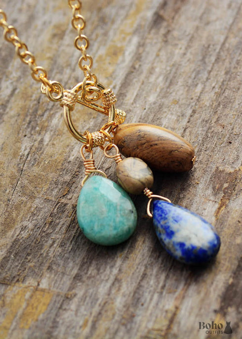Collar bohemio con colgante de triple jaspe azul, amazonita y lapislázuli