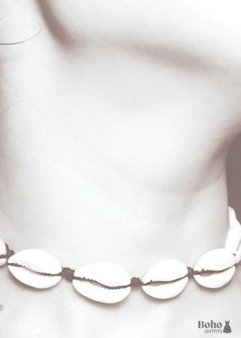 Boho Necklace, White Puka Shell, Black Ocean