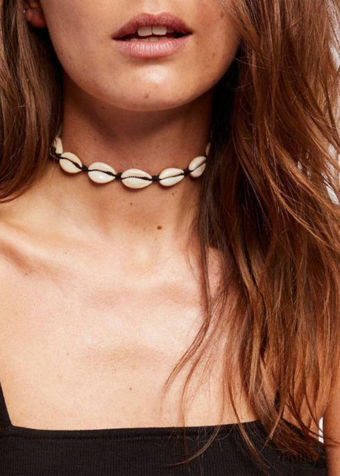 Boho Necklace, White Puka Shell, Black Ocean