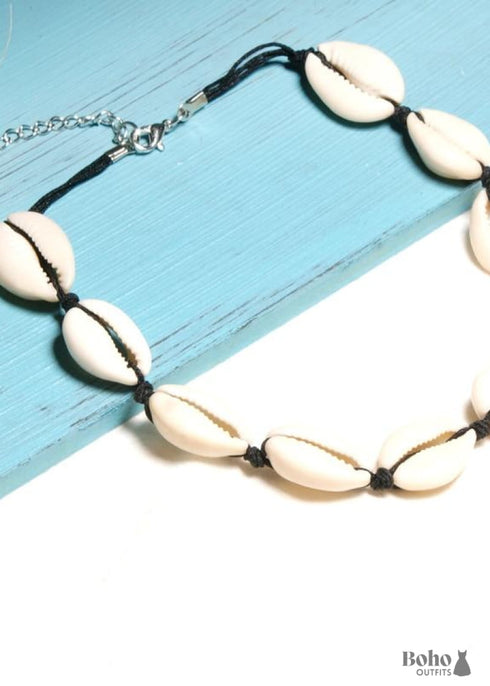 Boho Necklace, White Puka Shell, Black Ocean