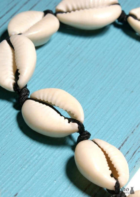 Boho Necklace, White Puka Shell, Black Ocean