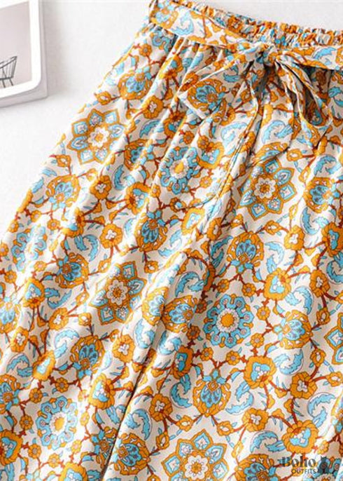 Pantalones bohemios - Pantalones palazzo con estampado floral en azul cachemir indio para mujer