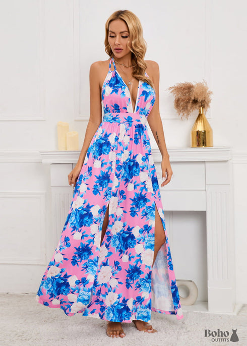 Boho Pink Deep V-neck Maxi Dress Alaia