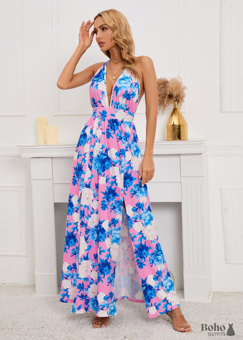 Boho Pink Deep V-neck Maxi Dress Alaia