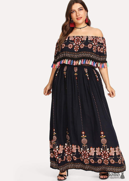 Vestido largo Erika con hombros descubiertos, estilo bohemio, talla grande, para mujer