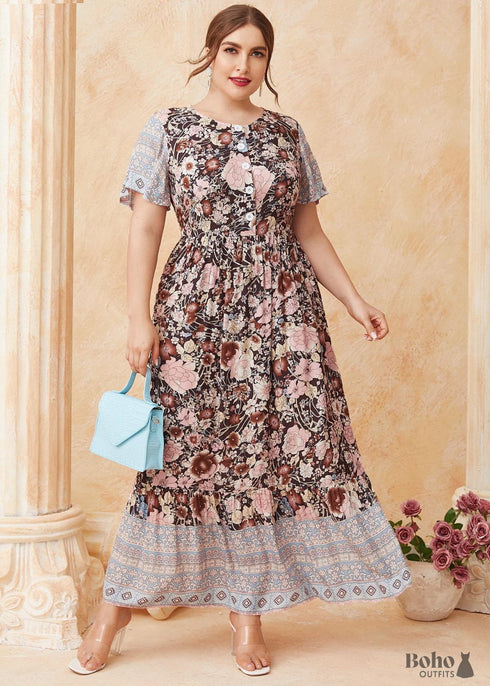 Vestido largo bohemio con flores y tallas grandes para mujer