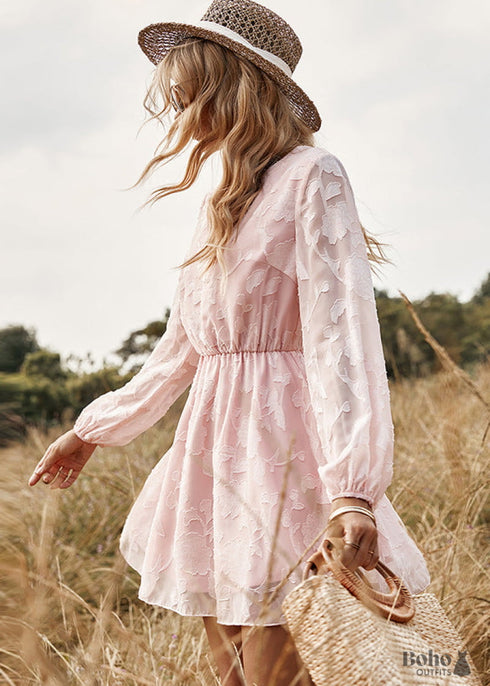 Vestido mini bohemio de manga larga y cuello redondo