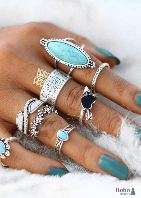 Boho Silver Rings Set Turquoise Allie