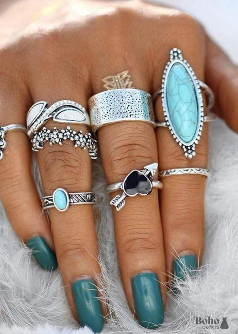 Boho Silver Rings Set Turquoise Allie