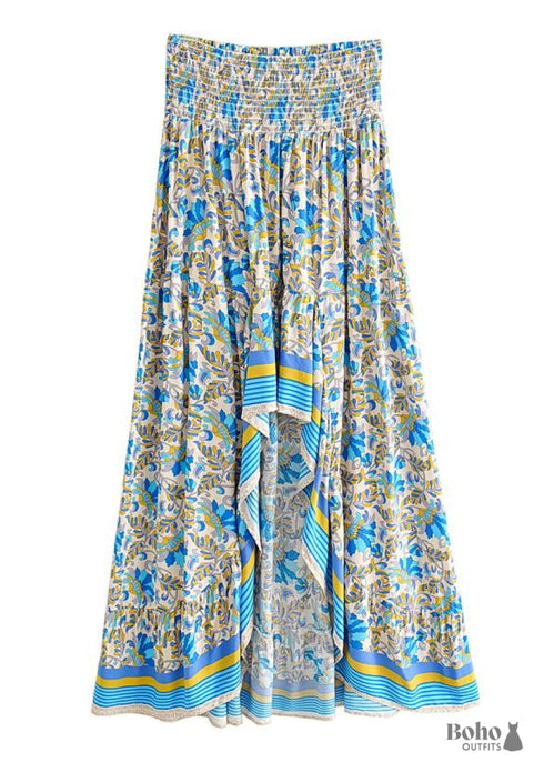 Boho Skirts in Asymmetric Indian Blue Floral For Women