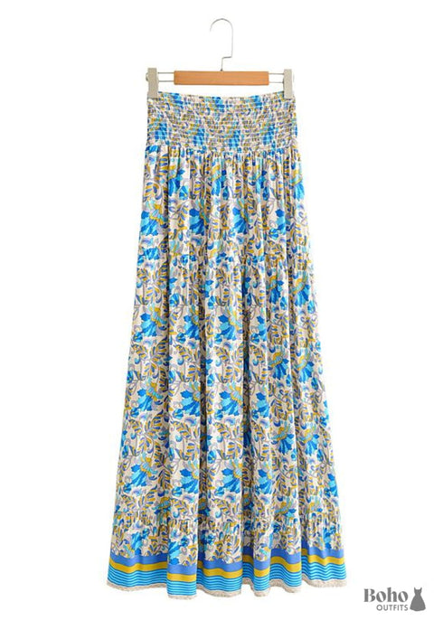 Boho Skirts in Asymmetric Indian Blue Floral For Women