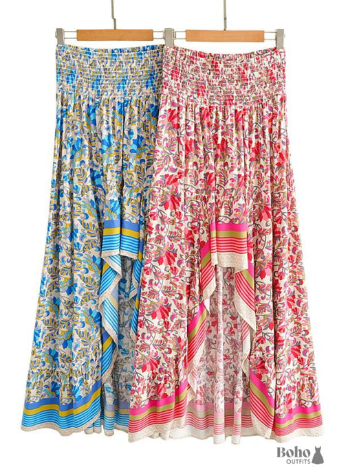 Boho Skirts in Asymmetric Indian Blue Floral For Women