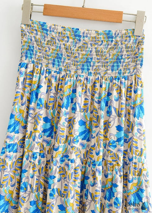 Boho Skirts in Asymmetric Indian Blue Floral For Women