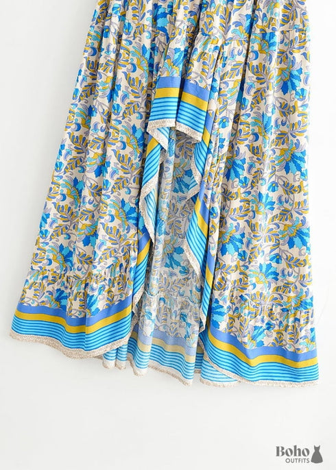 Boho Skirts in Asymmetric Indian Blue Floral For Women