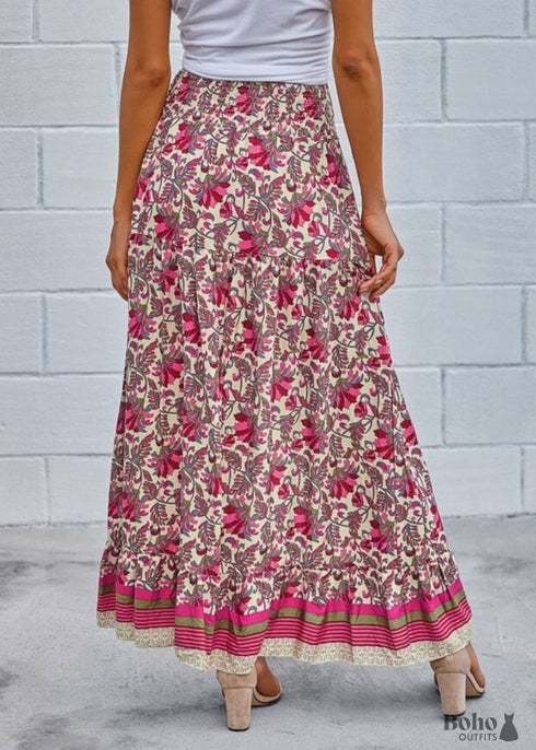 Boho Skirts in Asymmetric Indian Pink Floral For Women