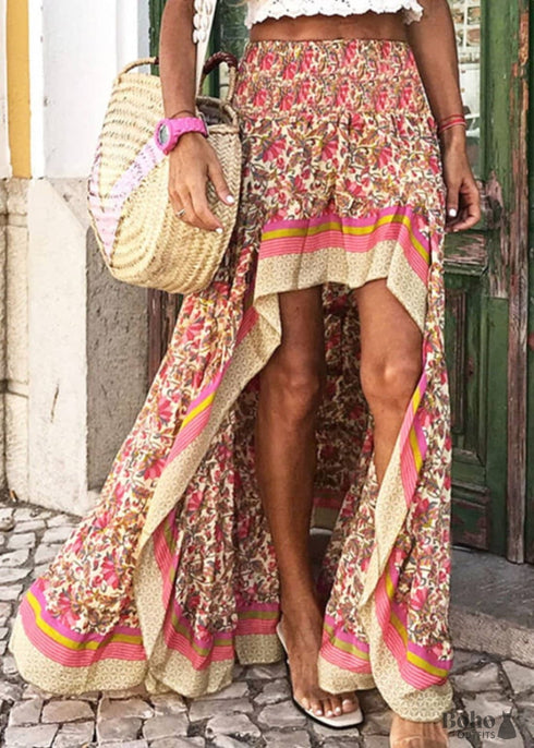 Boho Skirts in Asymmetric Indian Pink Floral For Women