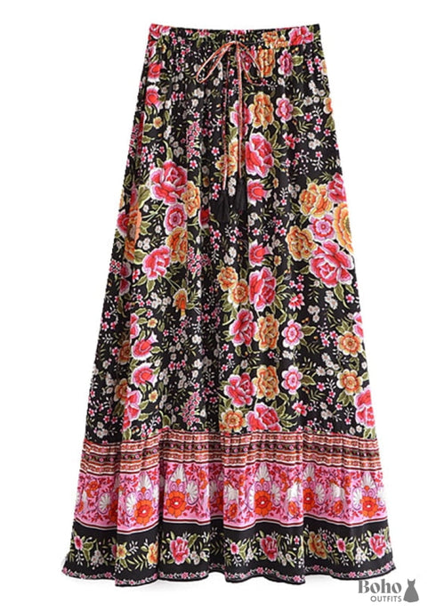 Faldas bohemias con estampado floral Eulalie Black Pink para mujer