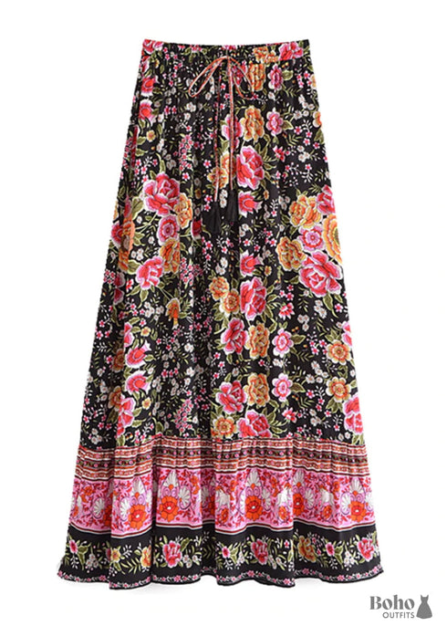 Faldas bohemias con estampado floral Eulalie Black Pink para mujer