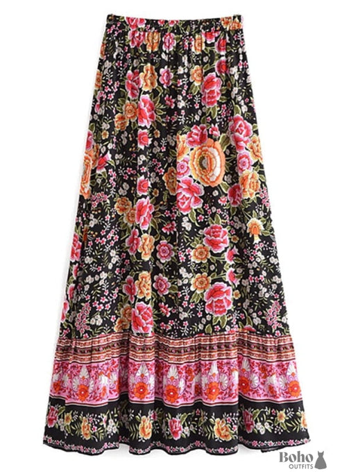 Faldas bohemias con estampado floral Eulalie Black Pink para mujer
