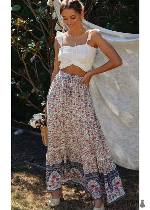 Faldas bohemias con estampado floral rosa y blanco roto para mujer
