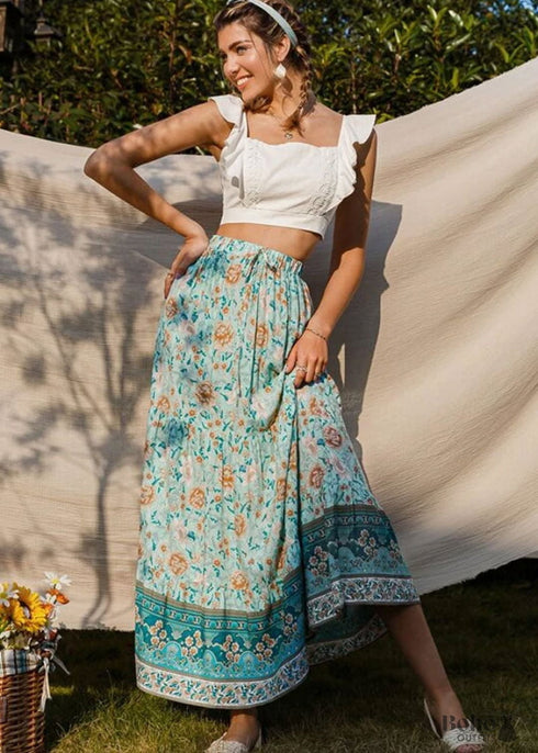 Boho Skirts in Flower Blue Sky For Women