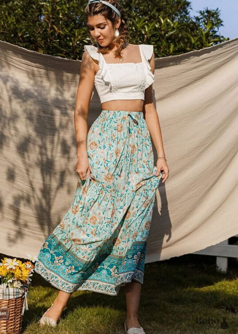 Boho Skirts in Flower Blue Sky For Women