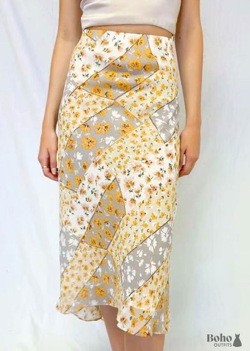 Faldas bohemias en amarillo gypso retro y rosa para mujer