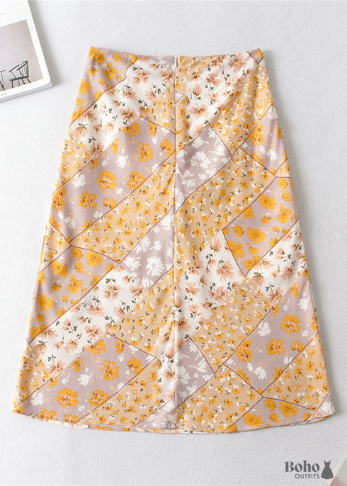 Faldas bohemias en amarillo gypso retro y rosa para mujer