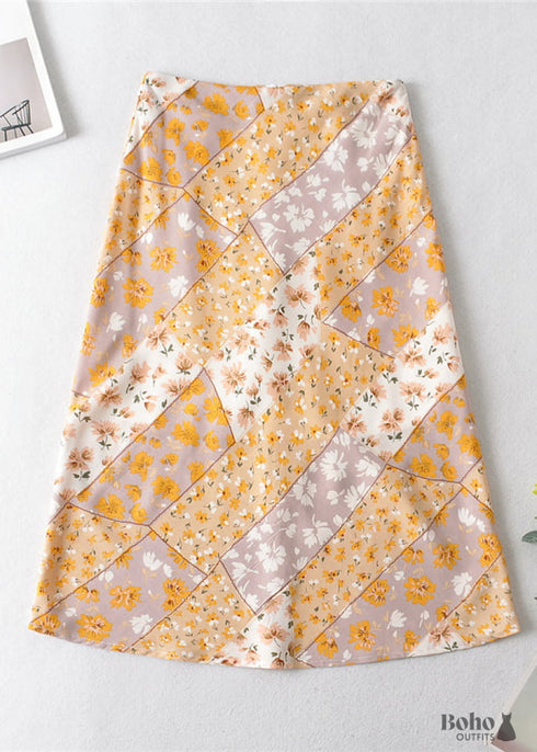 Faldas bohemias en amarillo gypso retro y rosa para mujer