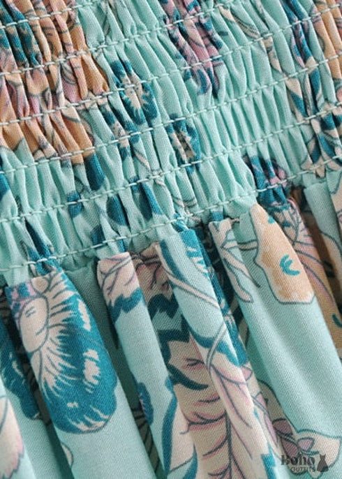 Boho Skirts in Smocked Waist, Bird Garden in Blue For Women