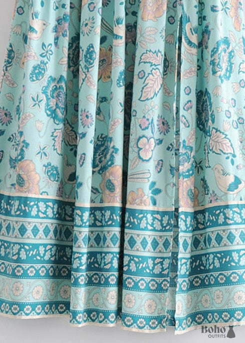 Boho Skirts in Smocked Waist, Bird Garden in Blue For Women