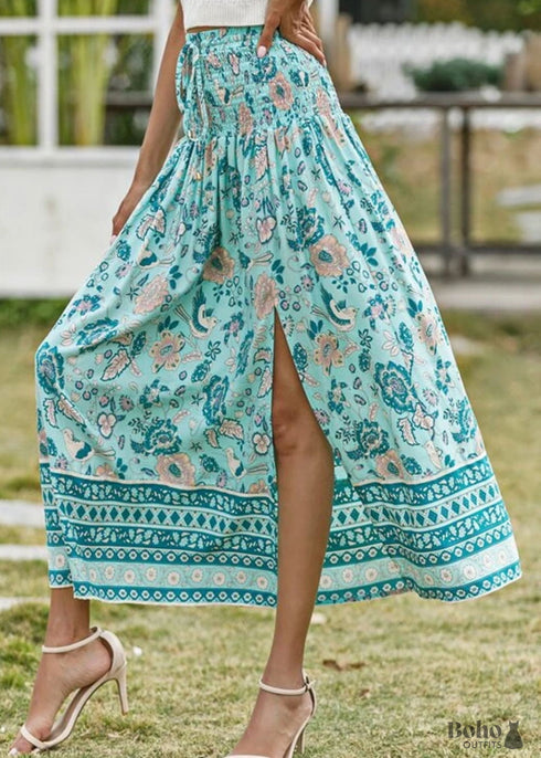 Boho Skirts in Smocked Waist, Bird Garden in Blue For Women