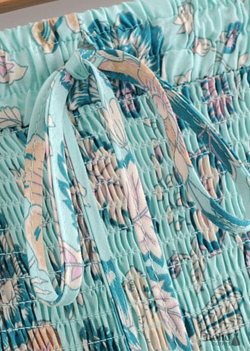 Boho Skirts in Smocked Waist, Bird Garden in Blue For Women