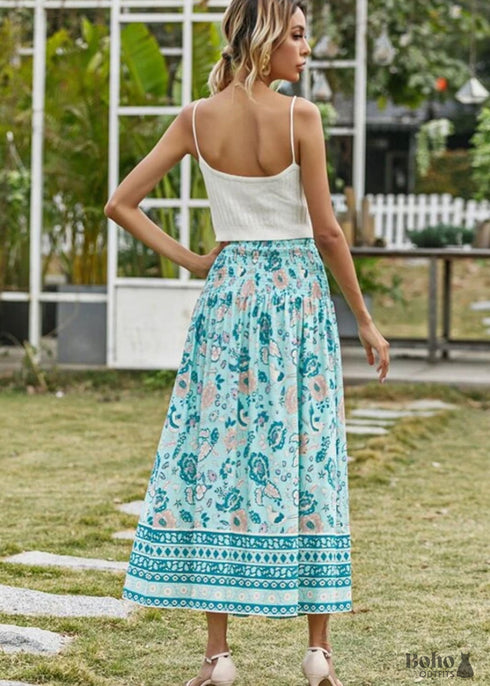 Boho Skirts in Smocked Waist, Bird Garden in Blue For Women