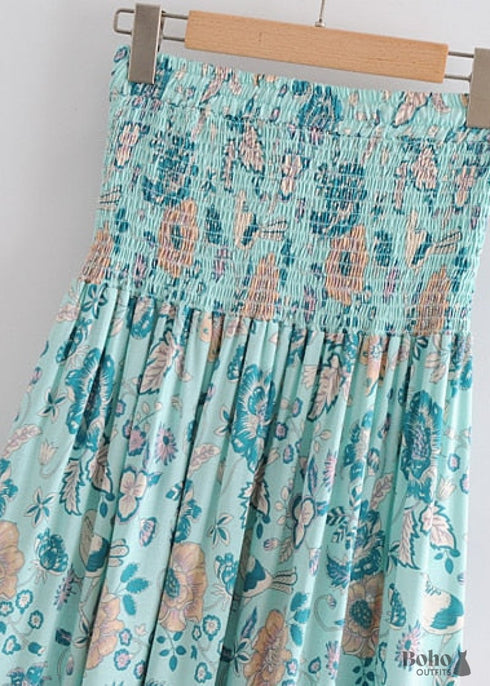 Boho Skirts in Smocked Waist, Bird Garden in Blue For Women