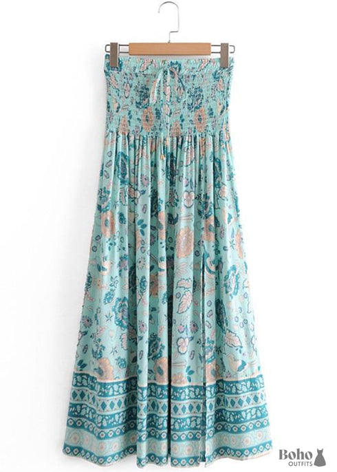 Boho Skirts in Smocked Waist, Bird Garden in Blue For Women