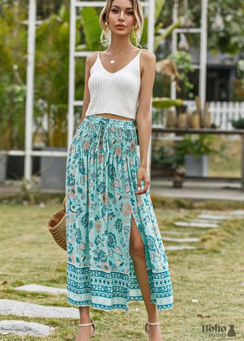 Boho Skirts in Smocked Waist, Bird Garden in Blue For Women