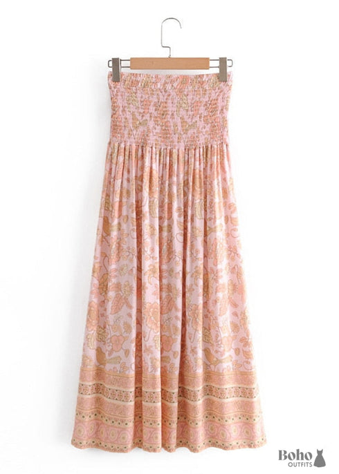 Boho Skirts in Smocked Waist, Bird Garden in Pink Apricot For Women
