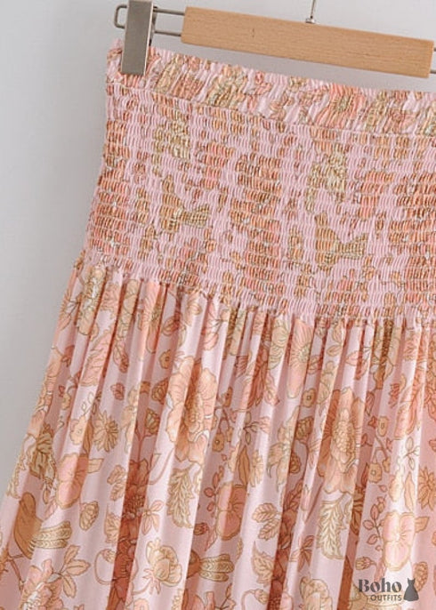 Boho Skirts in Smocked Waist, Bird Garden in Pink Apricot For Women